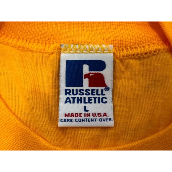 Vintage 90s Russel Athletic Blank Yellow T-Shirt Size L Made In USA - Picture 2 of 3